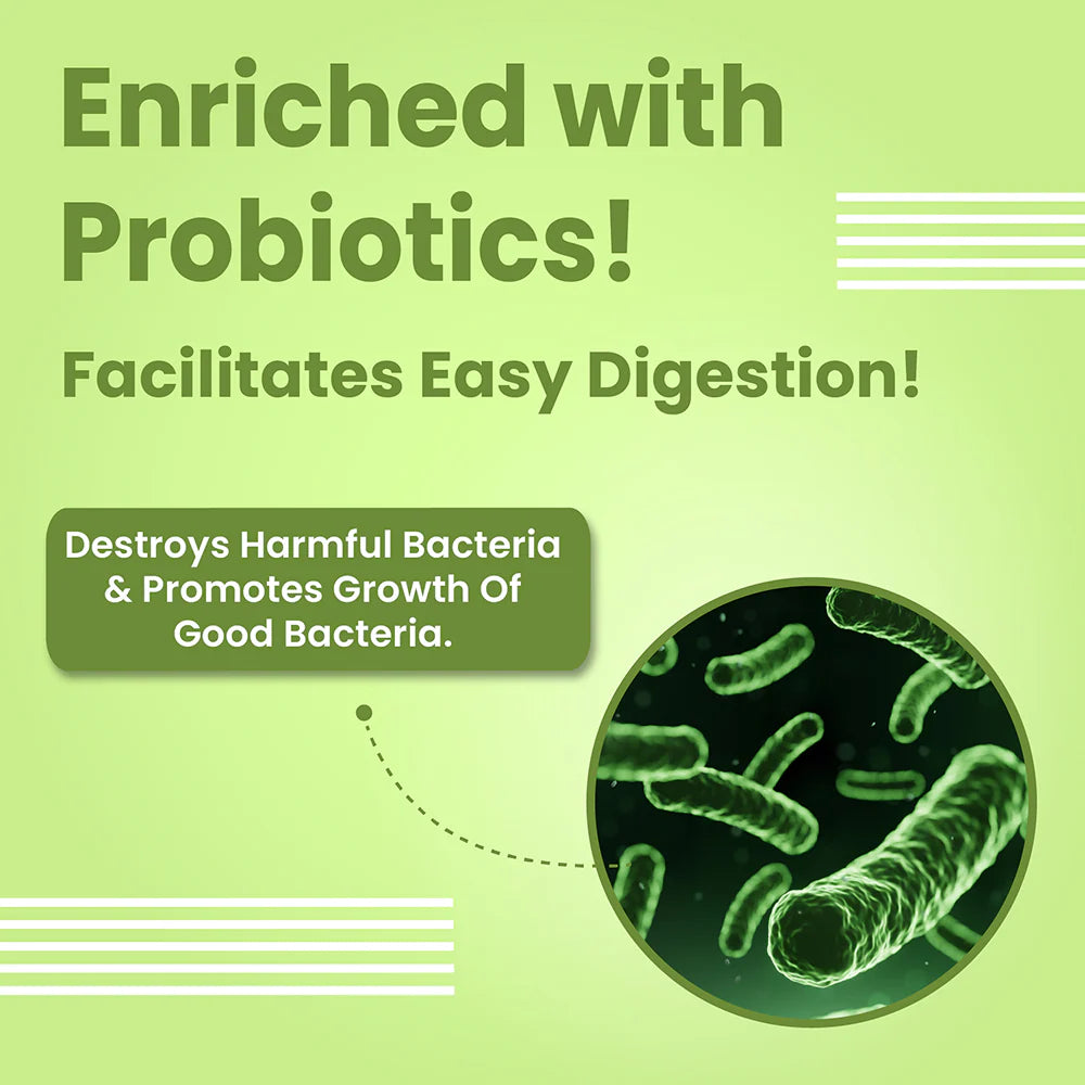 Advertisement for a product enriched with probiotics on a green background.