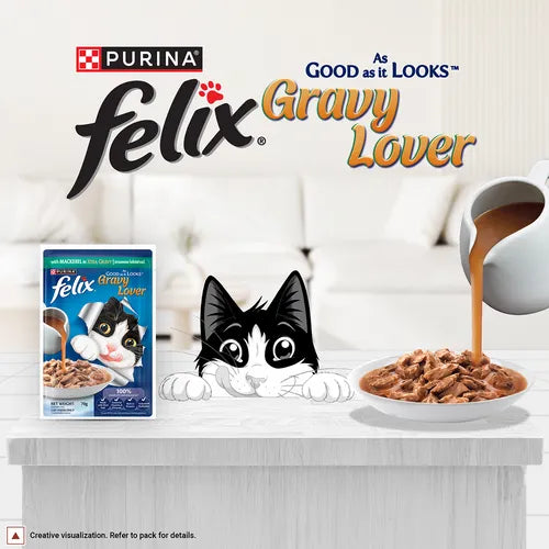 Purina Felix Gravy Lover cat food packaging with a cat illustration and pouring gravy.