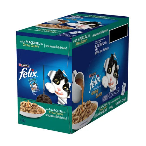 Box of Purina Felix cat food with mackerel flavor on a white background