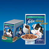 Purina Felix Gravy Lover cat food packaging on a blue background