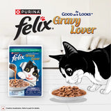 Purina Felix Gravy Lover cat food packaging with a cartoon cat eating from a bowl.