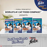 Felix cat food packages on a table with branding and product information.