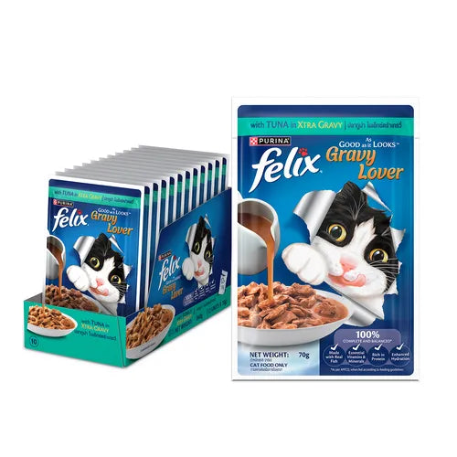 Felix Gravy Lover cat food packaging with a box of multiple packages on a white background
