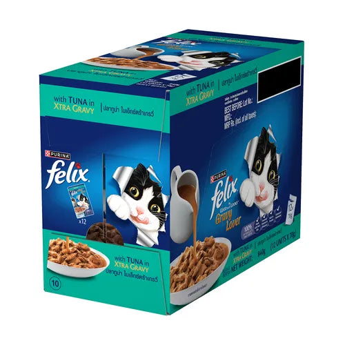 Box of Purina Felix cat food with images of cats and text on a white background