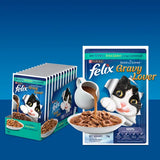 Purina Felix Gravy Lover cat food packaging on a blue background