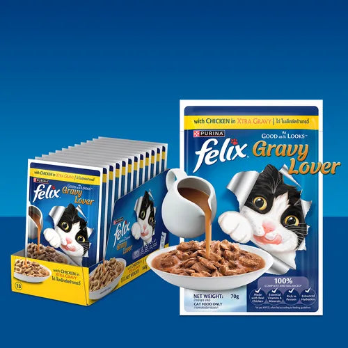Felix Gravy Lover cat food packaging on a blue background