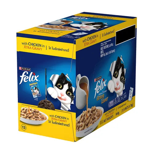 Box of Purina Felix cat food with chicken flavor on a white background