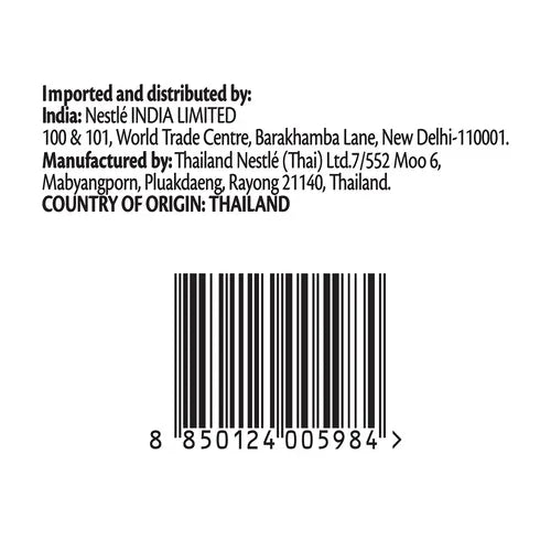 Product label with import and distribution information and a barcode on a white background