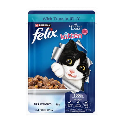 Felix kitten cat food packet with a blue background