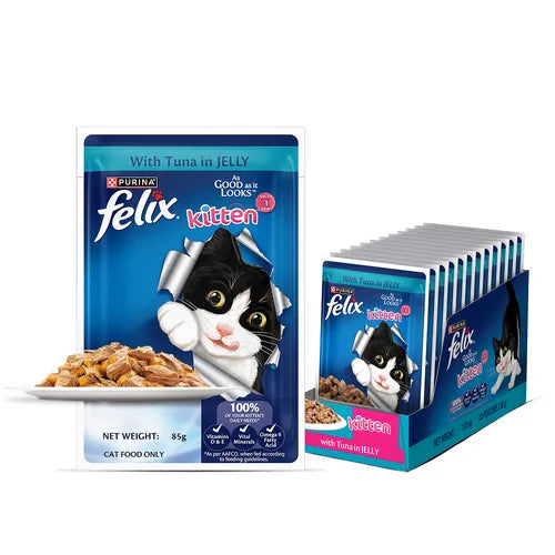 Felix kitten cat food package with a box of multiple packages on a white background