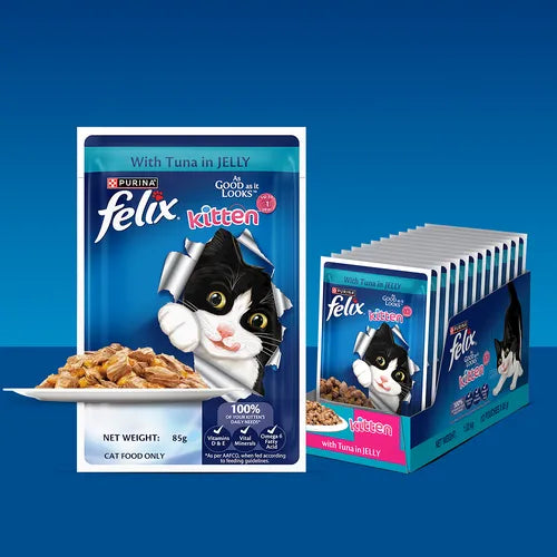 Felix kitten cat food package with a blue background