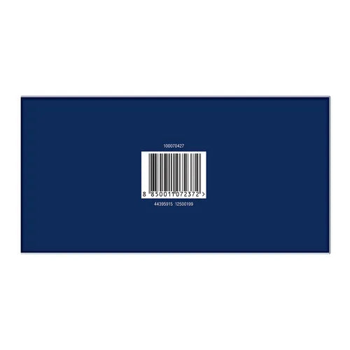Navy blue rectangular object with a barcode on a white background