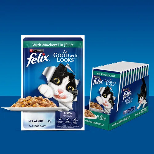 Felix cat food package with a blue background