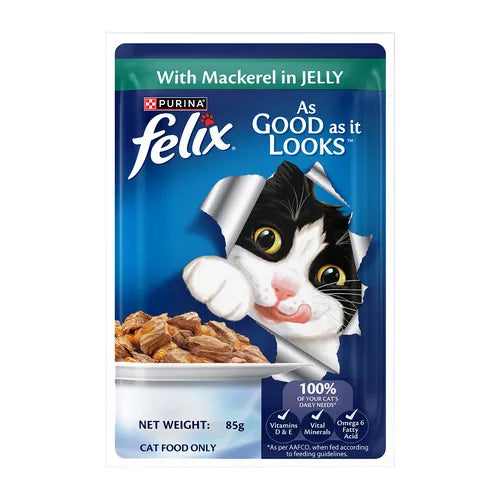 Felix cat food pouch with mackerel in jelly on a white background
