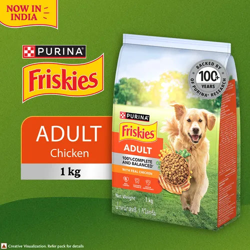 Friskies Adult dog food package with a green background
