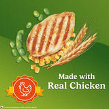 Grilled chicken breast with corn, peas, and wheat on a green background with 'Made with Real Chicken' text.