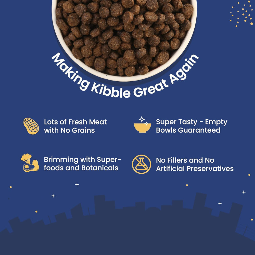 Dog food kibble with promotional text on a blue background