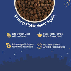 Dog food kibble with promotional text on a blue background