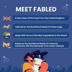 Advertisement for Fabled pet food with text and icons on a blue background