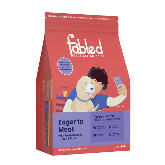 Fabled dog food package with a child and dog illustration on a white background