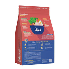 Fabled pet food packaging with red and blue design on a white background