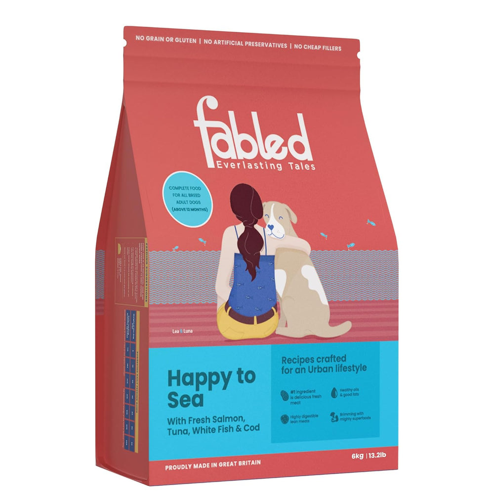 Fabled dog food package with a woman and dog illustration on a white background