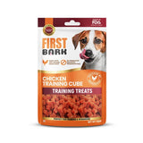 A 70g bag of First Bark Chicken Training Cube dog treats, featuring a cartoon dog on the packaging against a plain white background.