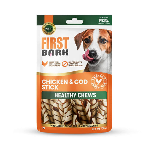 A package of First Bark Healthy Chews Chicken & Cod Stick dog treats, featuring a brown and white jagger dog on the front of the packaging, set against a plain white background.