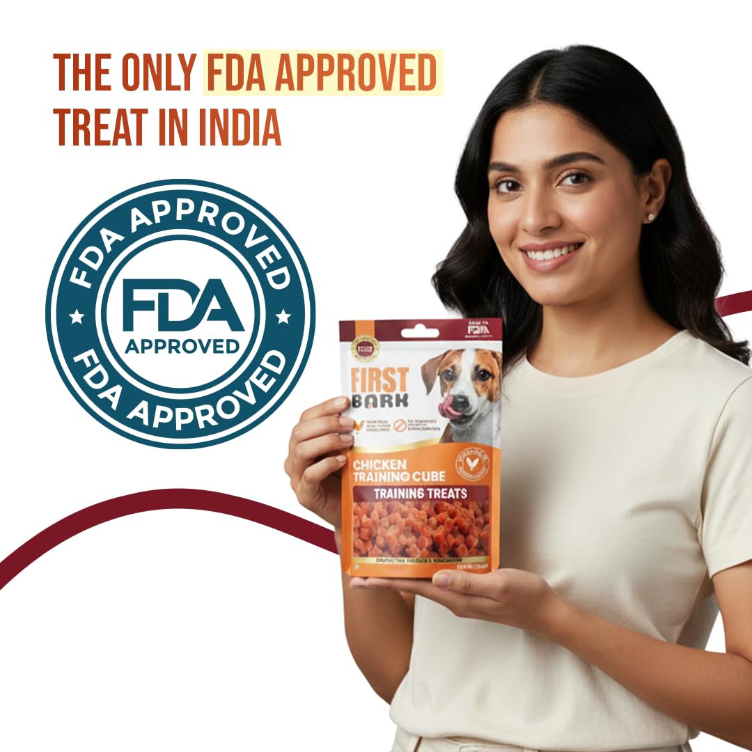 Woman holding a package of dog treats with FDA approval logo and text in India.