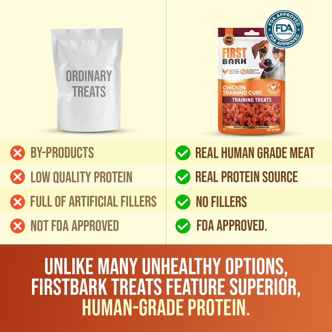 Comparison chart of 'Ordinary Treats' vs 'Firstbark' treats with text highlighting differences.