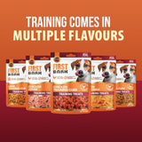 Dog training treats packaging with 'First Bark' branding on an orange and red background.