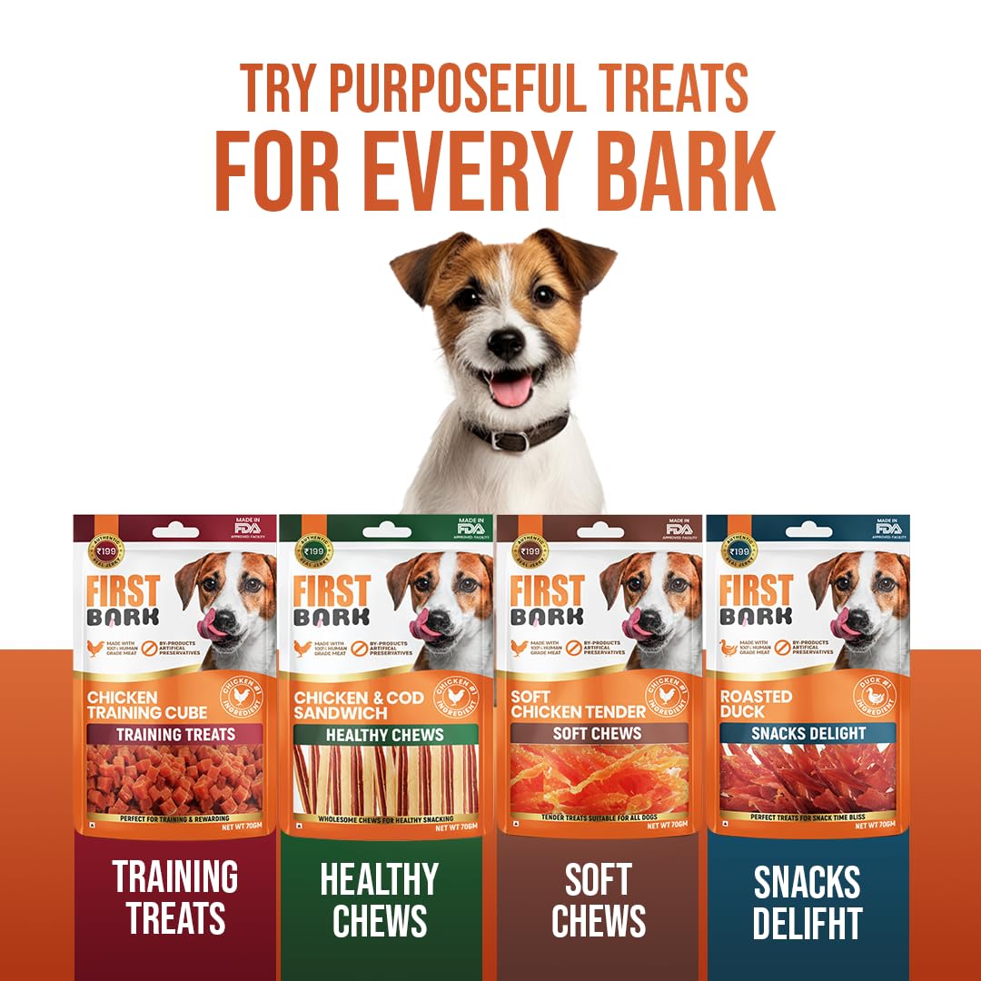 Dog treats packaging with a dog in the center and promotional text on a white background.