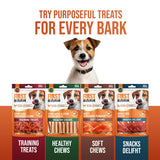 Dog treats packaging with a dog in the center and promotional text on a white background.