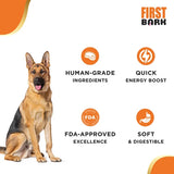 German Shepherd sitting next to 'First Bark' product features on a white background