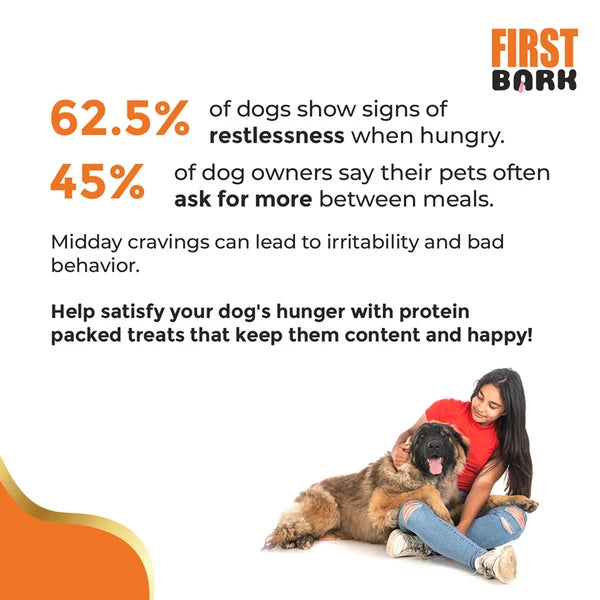 Advertisement for First Bark dog treats with a woman and dog on a white background