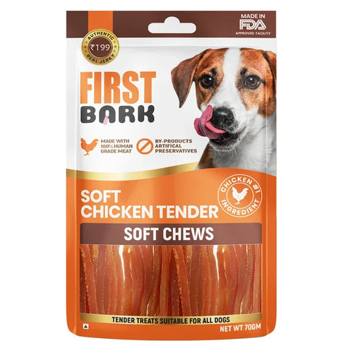 Package of First Bark Soft Chicken Tender soft chews for dogs on a white background