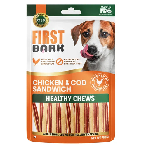 Package of First Bark Chicken & Cod Sandwich Healthy Chews for dogs on a white background