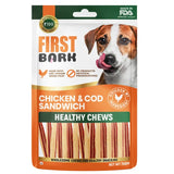 Package of First Bark Chicken & Cod Sandwich Healthy Chews for dogs on a white background