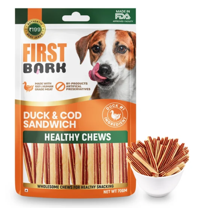 First Bark Healthy Chews Duck & Cod Sandwich dog treats in a resealable pouch, shown with a small white bowl of the chew sticks on a clean white background.