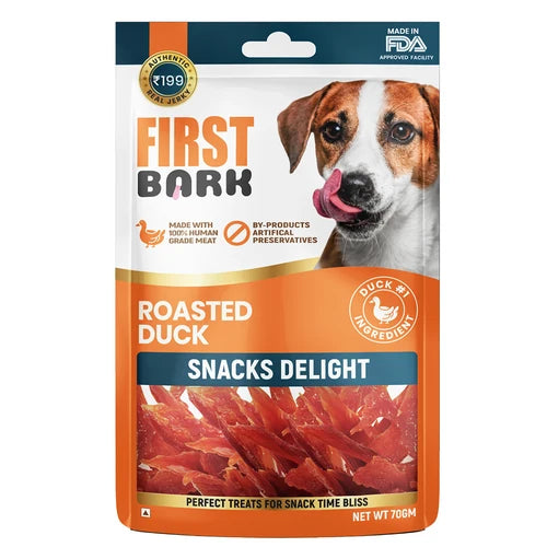 Package of First Bark Roasted Duck Snacks Delight for dogs on a white background
