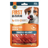 Package of First Bark Roasted Duck Snacks Delight for dogs on a white background