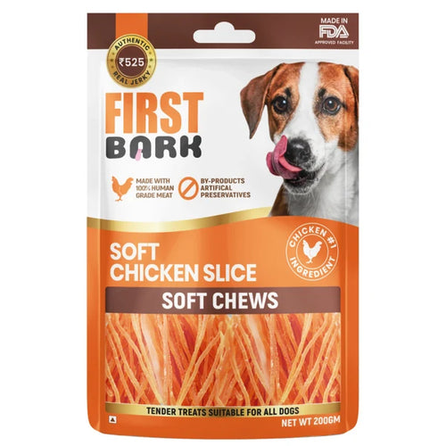 Package of First Bark Soft Chicken Slice Soft Chews for dogs with a dog's face on the label.