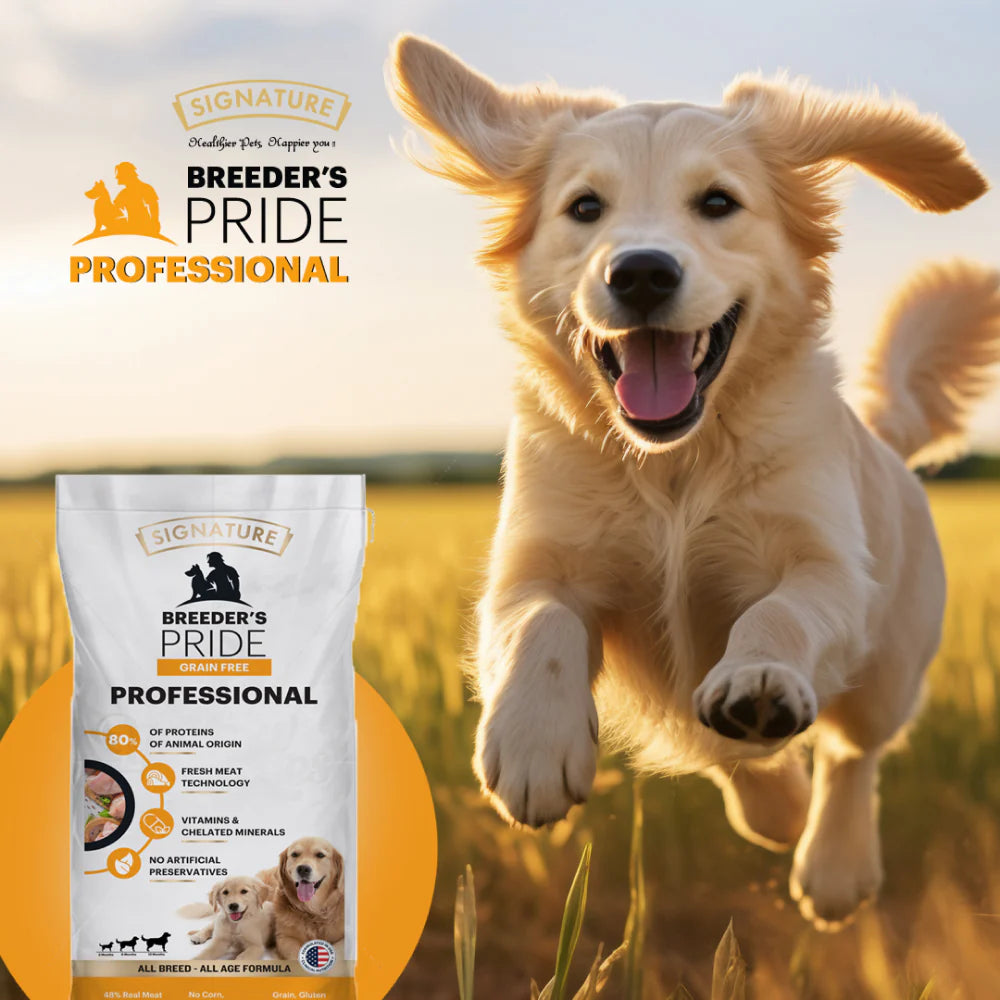 Signature Breeders Pride Grain Free, easy to digest, food for all stages of breeding and growth.