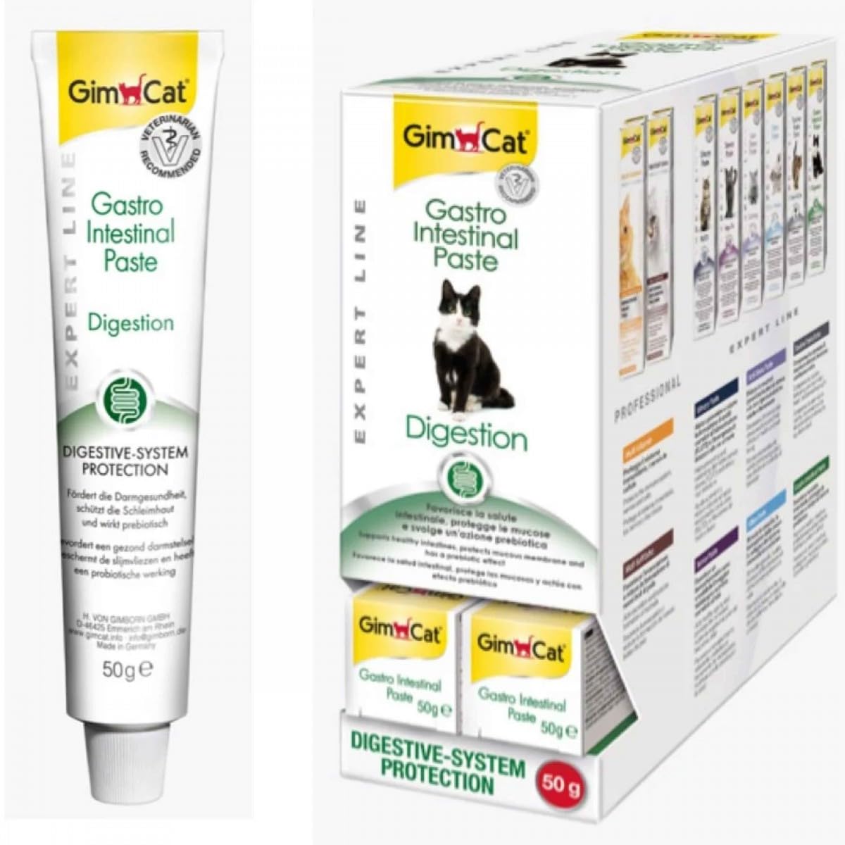 GimCat Gastro Intestinal Paste packaging with a tube and box on a white background