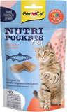 GimCat Nutri Pockets Fish cat treat package with a cat on a red background
