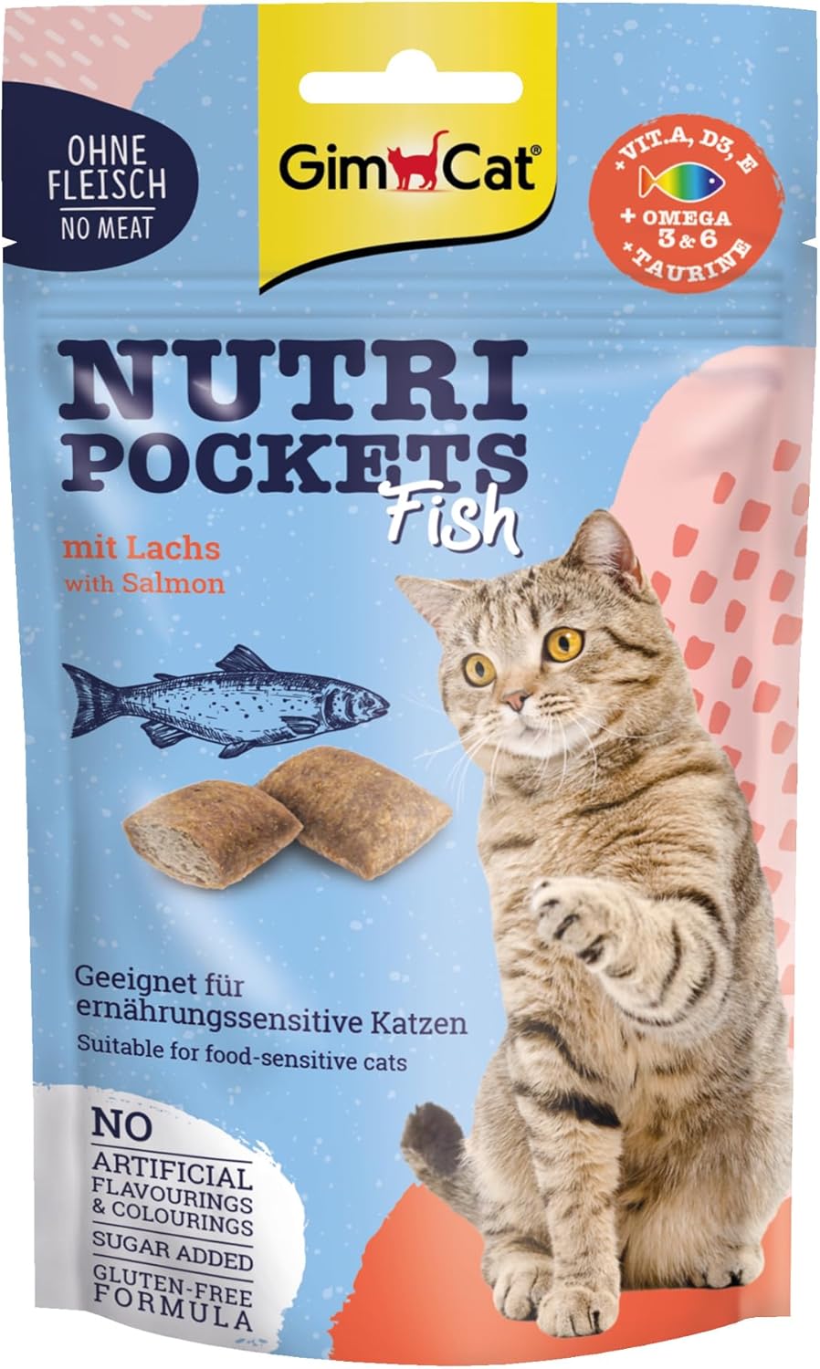GimCat Nutri Pockets Fish cat treat package with a cat on a red background