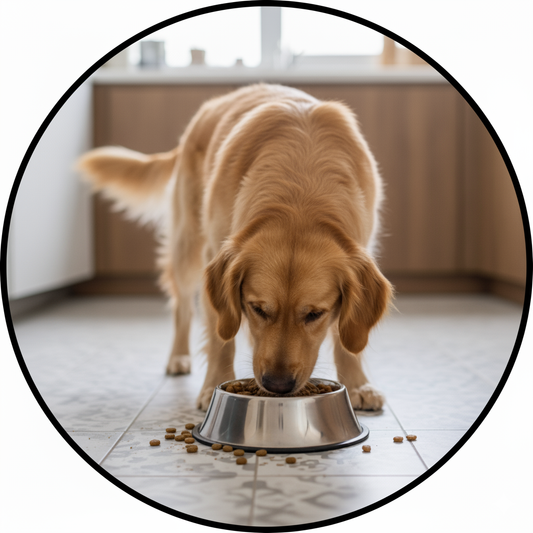 Dog eating from a metal bowl on a tiled floor