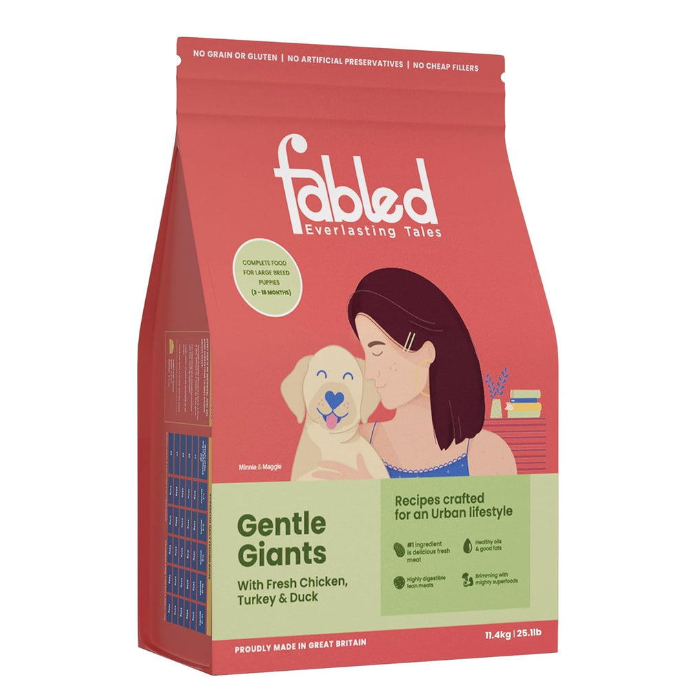 Fabled dog food package with a woman and dog illustration on a white background