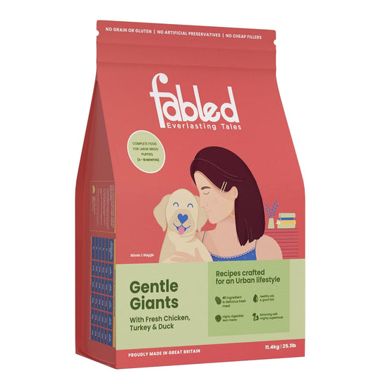Fabled dog food package with a woman and dog illustration on a white background