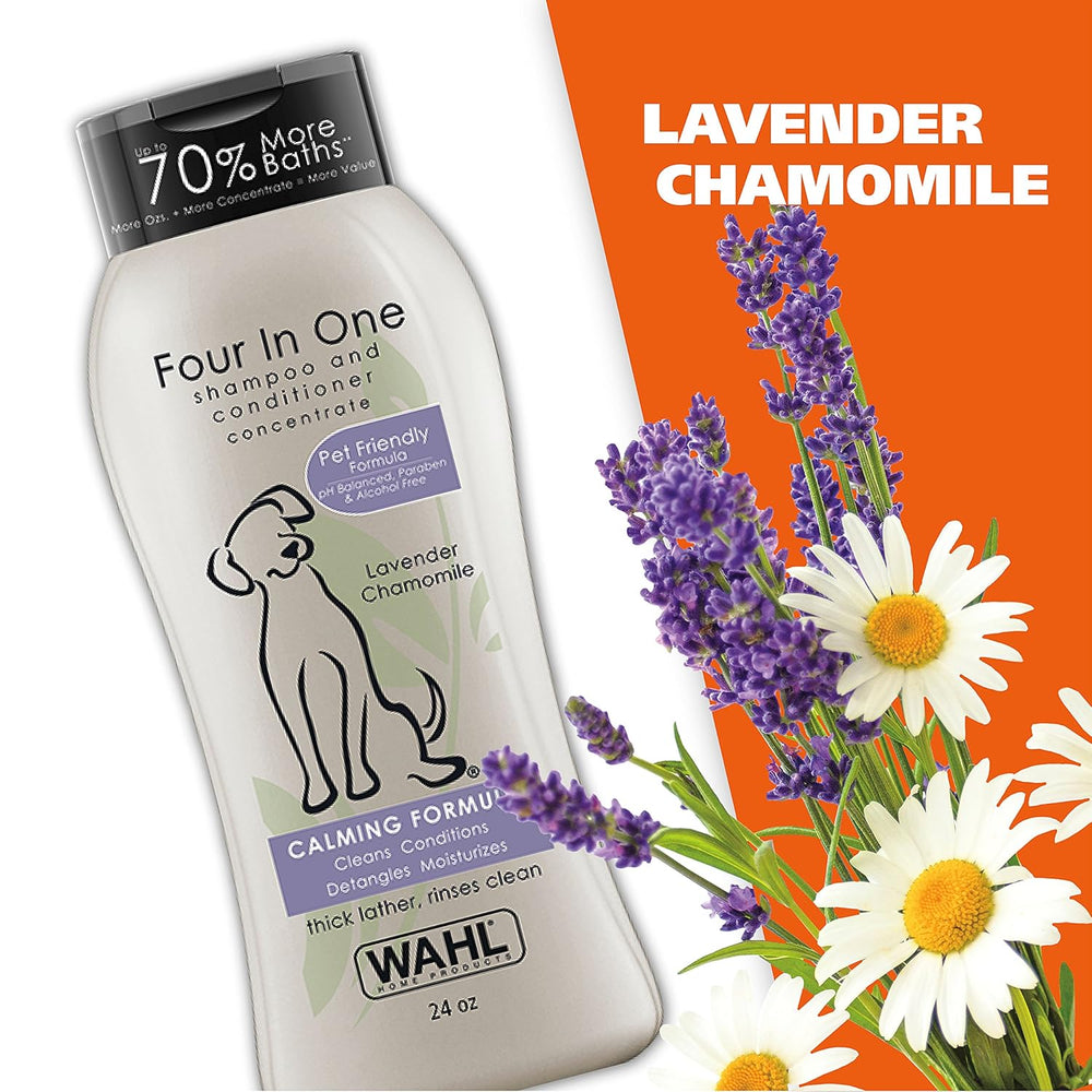 Wahl Four In One shampoo and conditioner bottle with lavender and chamomile flowers on an orange background